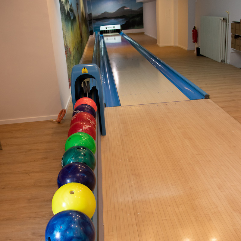 Bowling balls at the alley of Berghof hotel in Baiersbronn